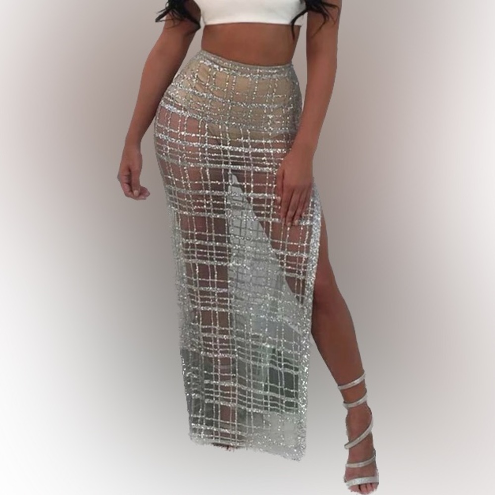 Glamorous glitter jewel lace maxi grid skirt sexy goth chic cocktail by the pool